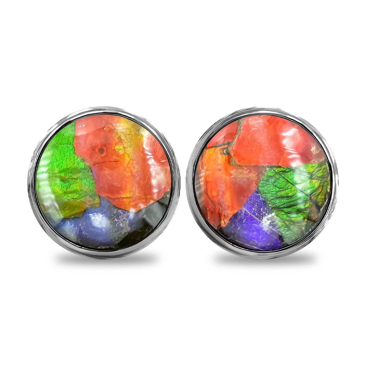 Round 10 mm Ammolite Double Bezel Set Post Style Earrings