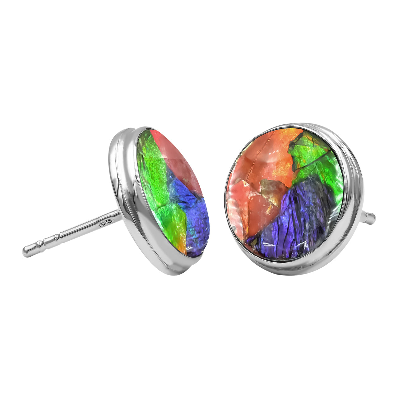 Round 10 mm Ammolite Double Bezel Set Post Style Earrings