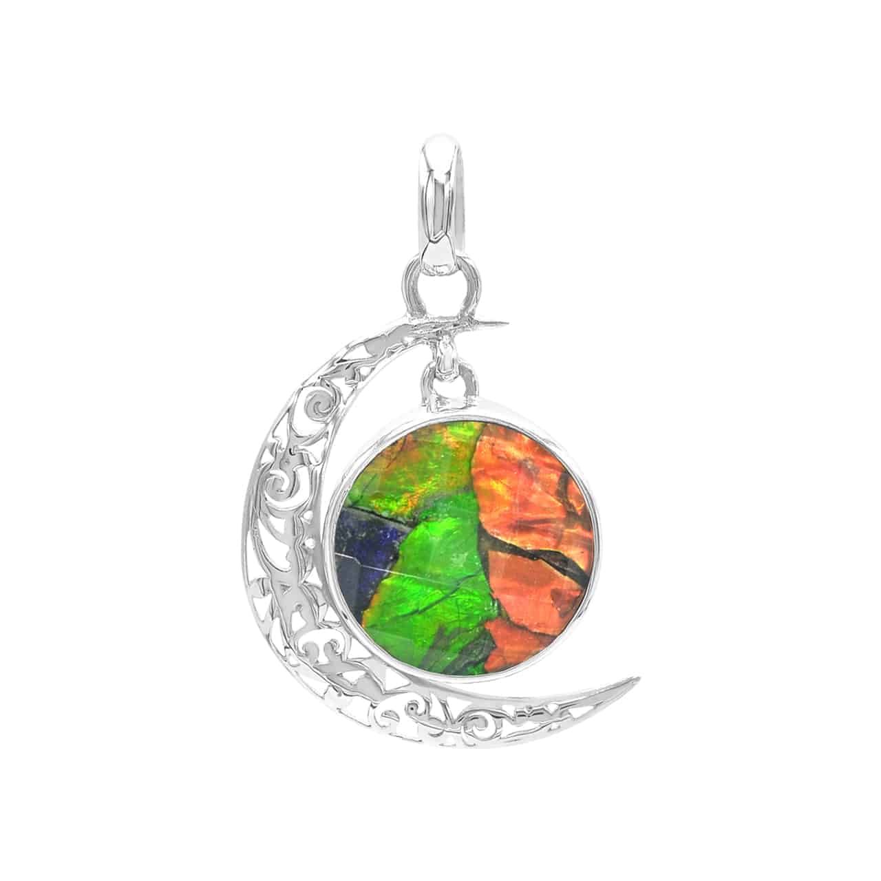 Ammolite and Faceted Quartz Crescent Moon Pendant