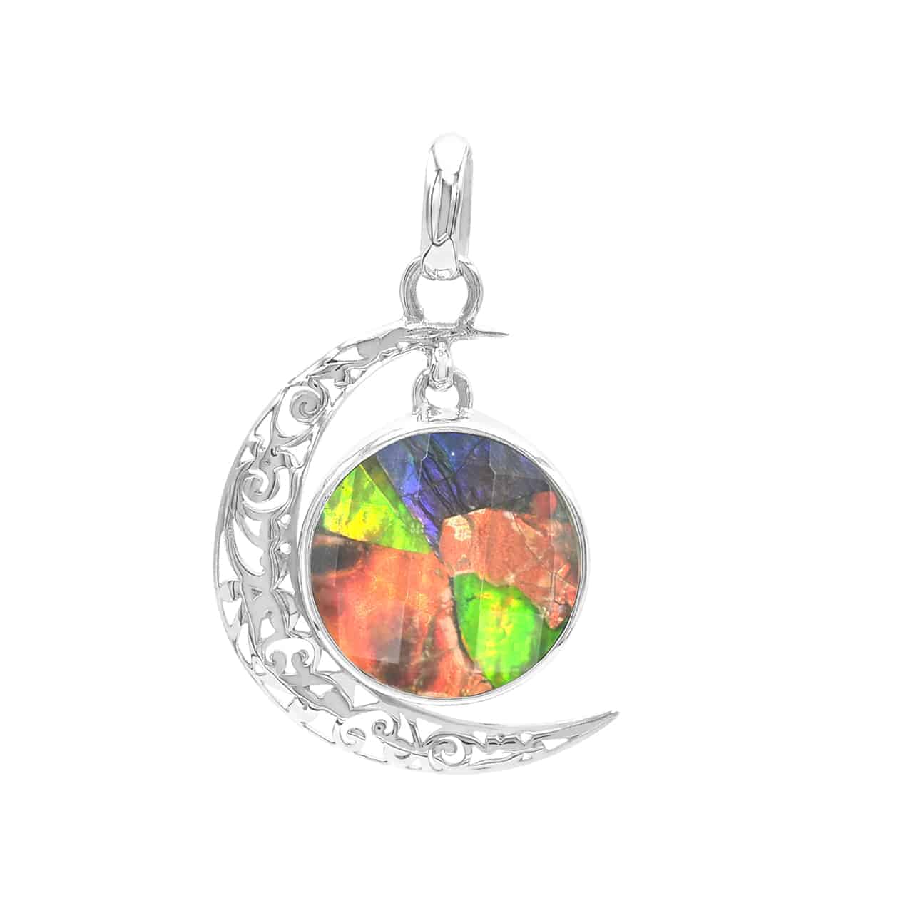 Ammolite and Faceted Quartz Crescent Moon Pendant