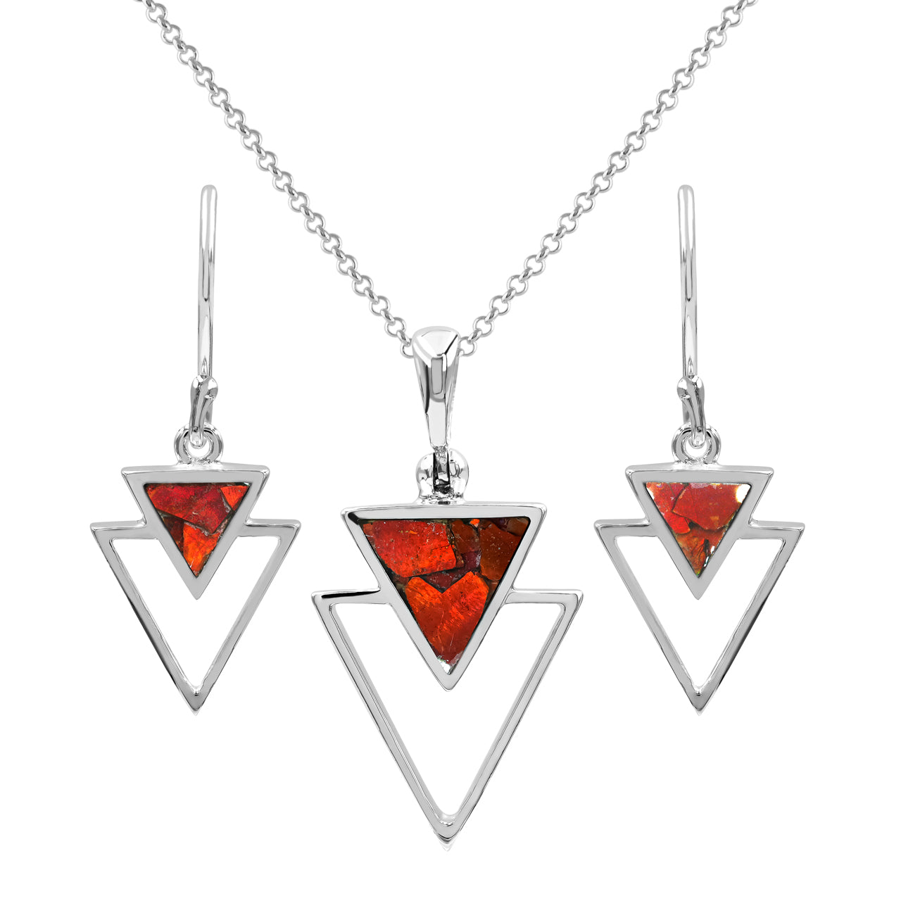 Red Ammolite Stacked Triangle Sets Earring &amp; Pendant