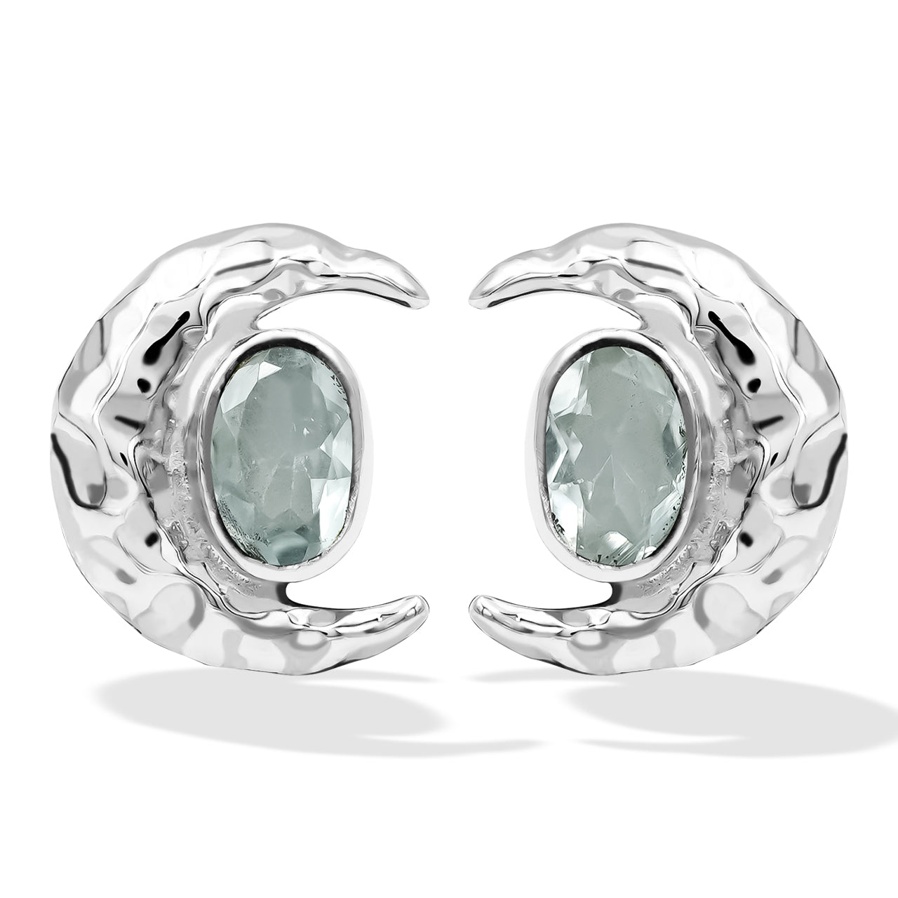 Aquamarine 6mm oval faceted post style ring with hammered crescent moon accent.