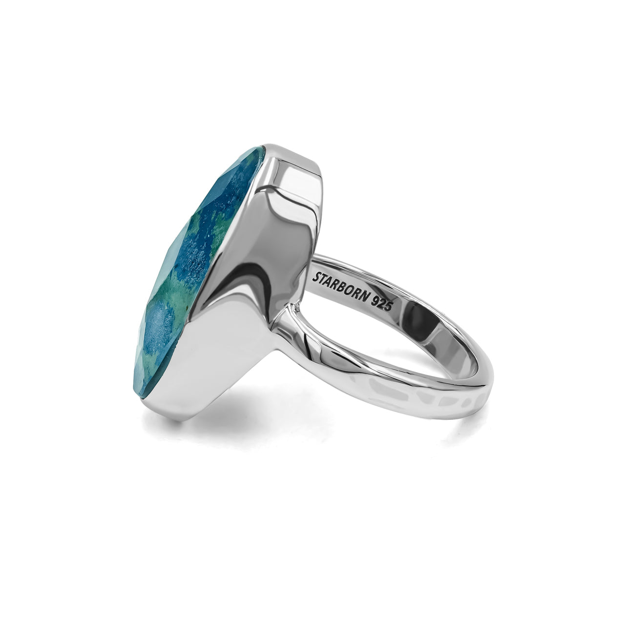 Faceted Azurite Malachite Quartz Doublet Ring