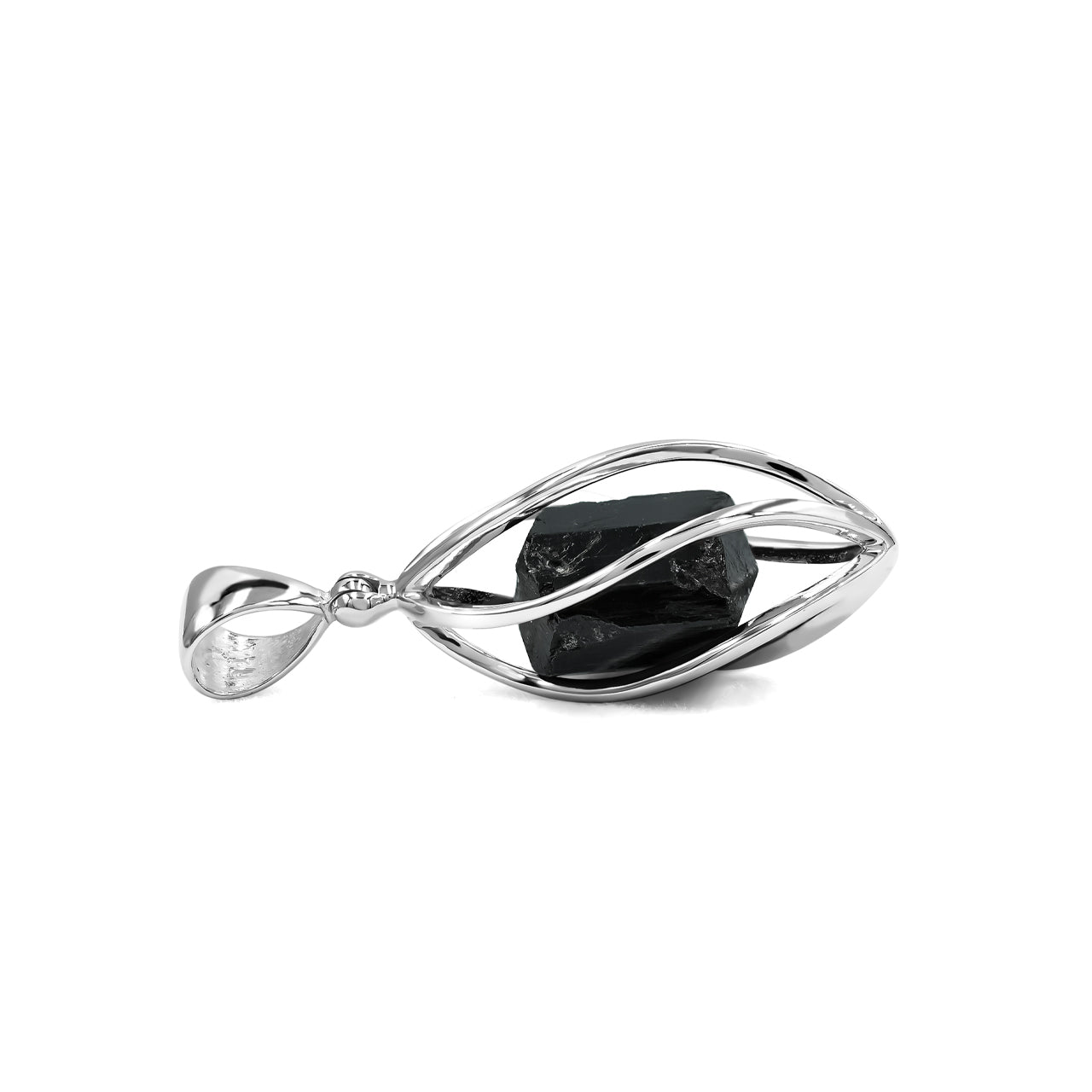 Black Tourmaline Crystal Spiral Cage Pendant in Sterling Silver