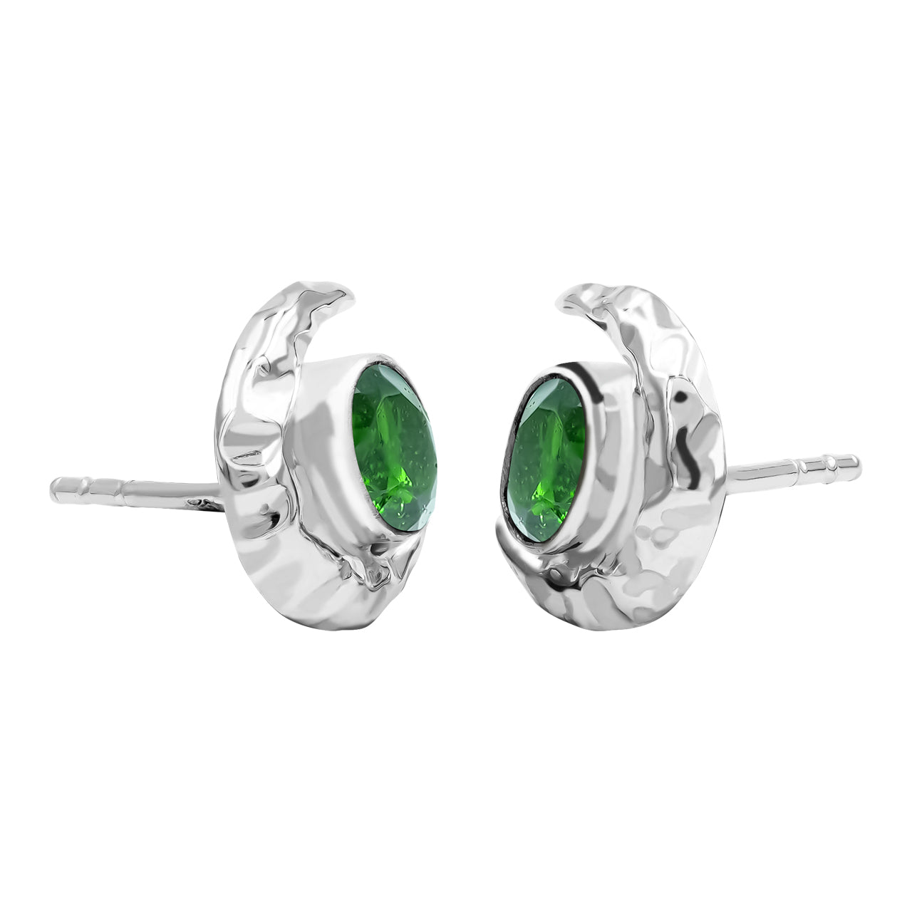 Chrome Diopside 6mm oval faceted post style ring with hammered crescent moon accent.