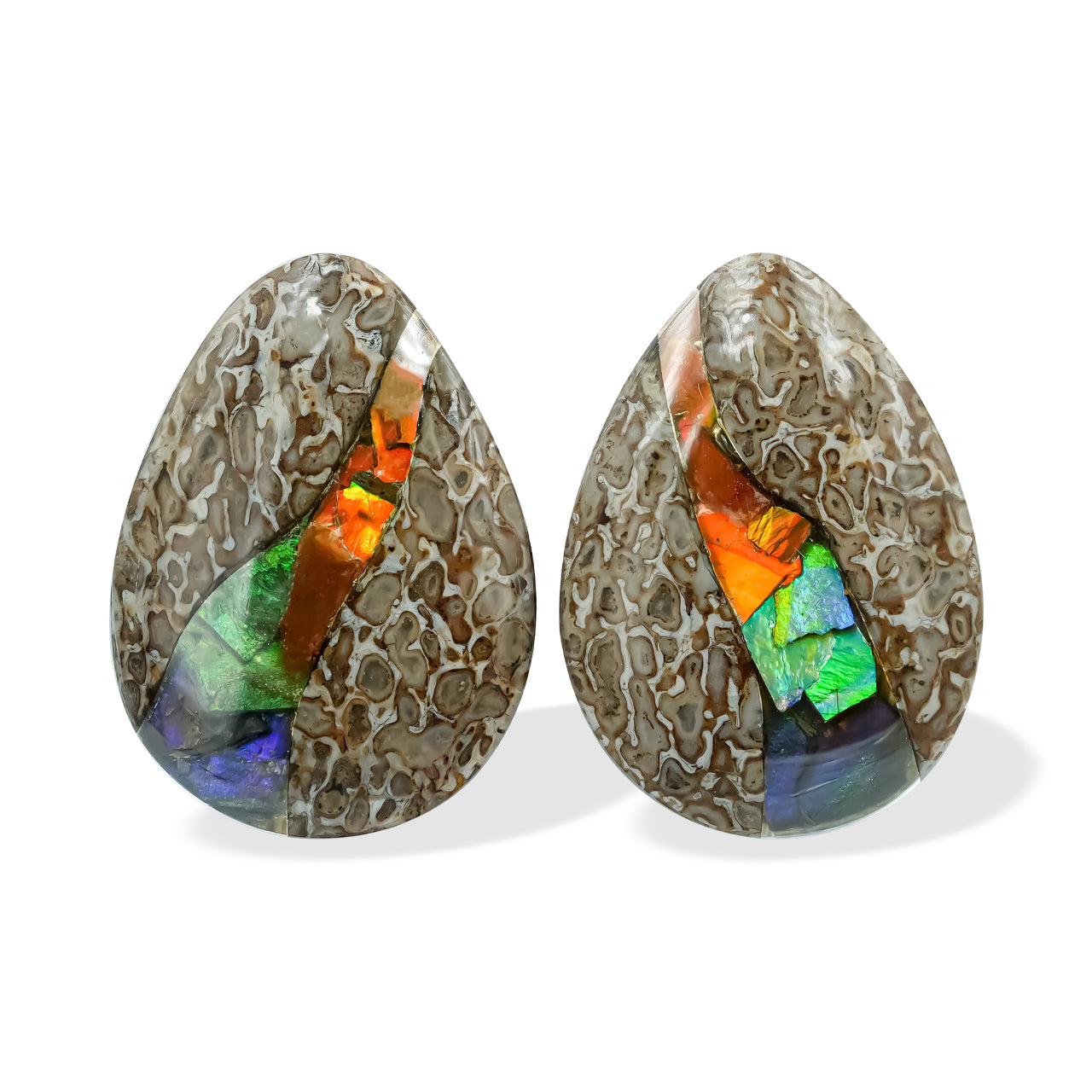 Fossil Dinosaur Bone with Ammolite Inlay Cabochon Pear 25mm - 1 pair