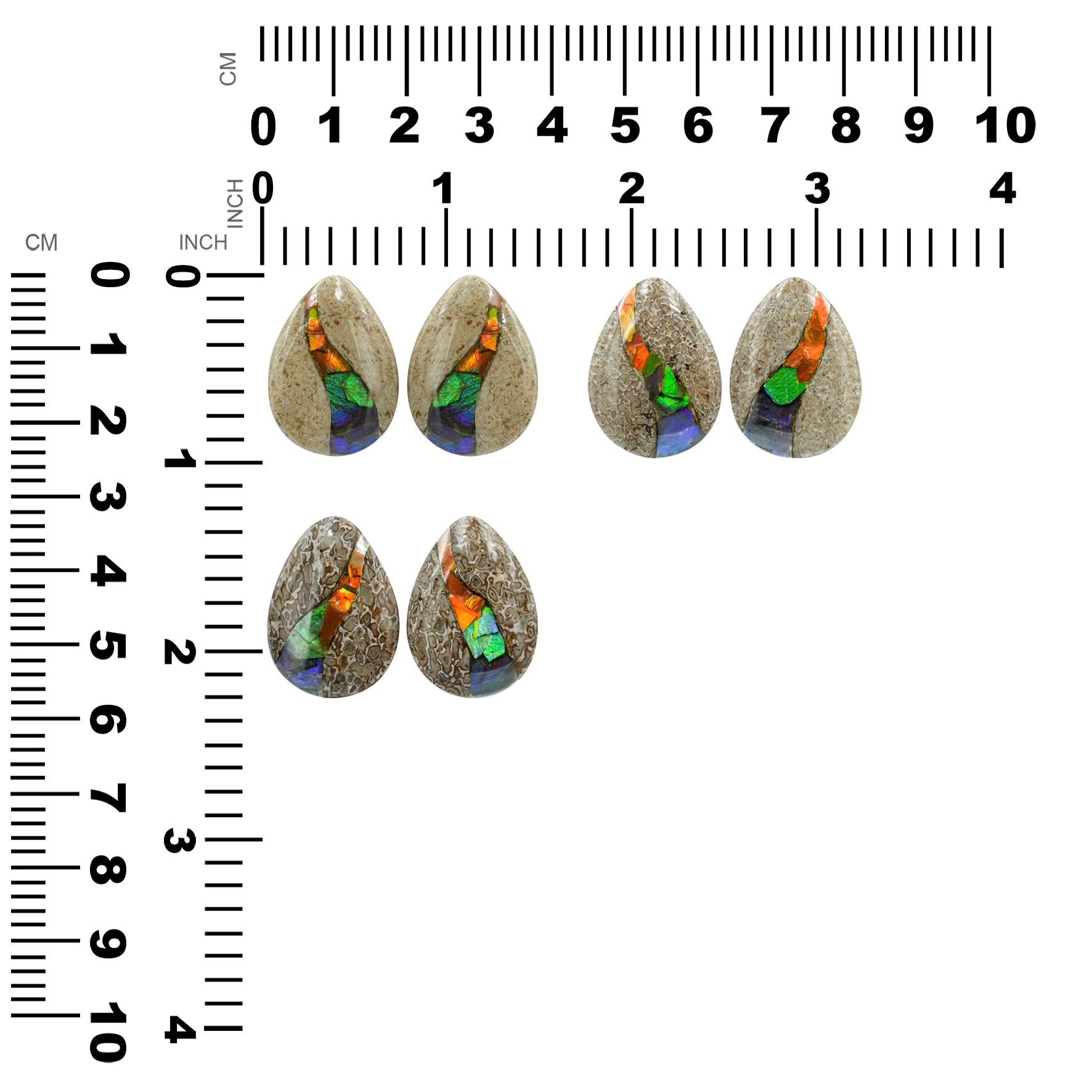 Fossil Dinosaur Bone with Ammolite Inlay Cabochon Pear 25mm - 1 pair