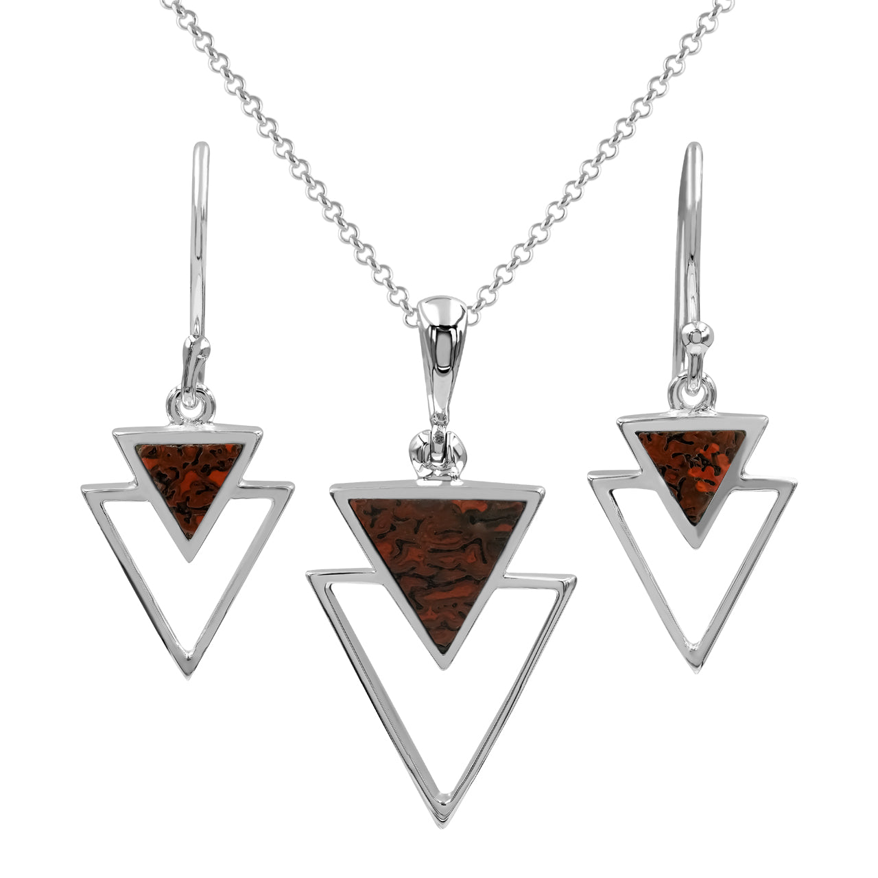 Fossil Dinosaur Bone Triangle Stacked Pendant &amp; Earrings Set