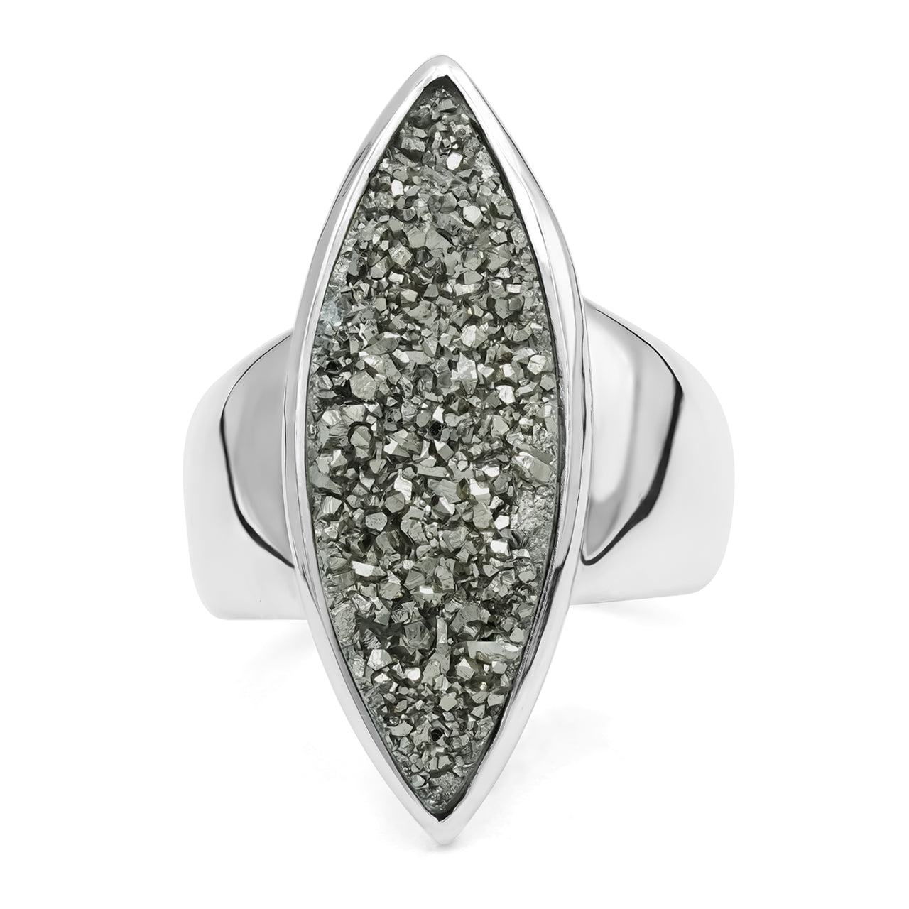 Moon Silver Quartz Drusy Marquise Ring