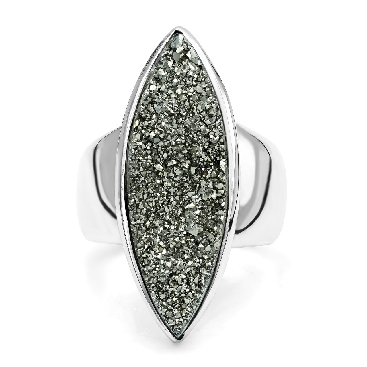 Moon Silver Quartz Drusy Marquise Ring