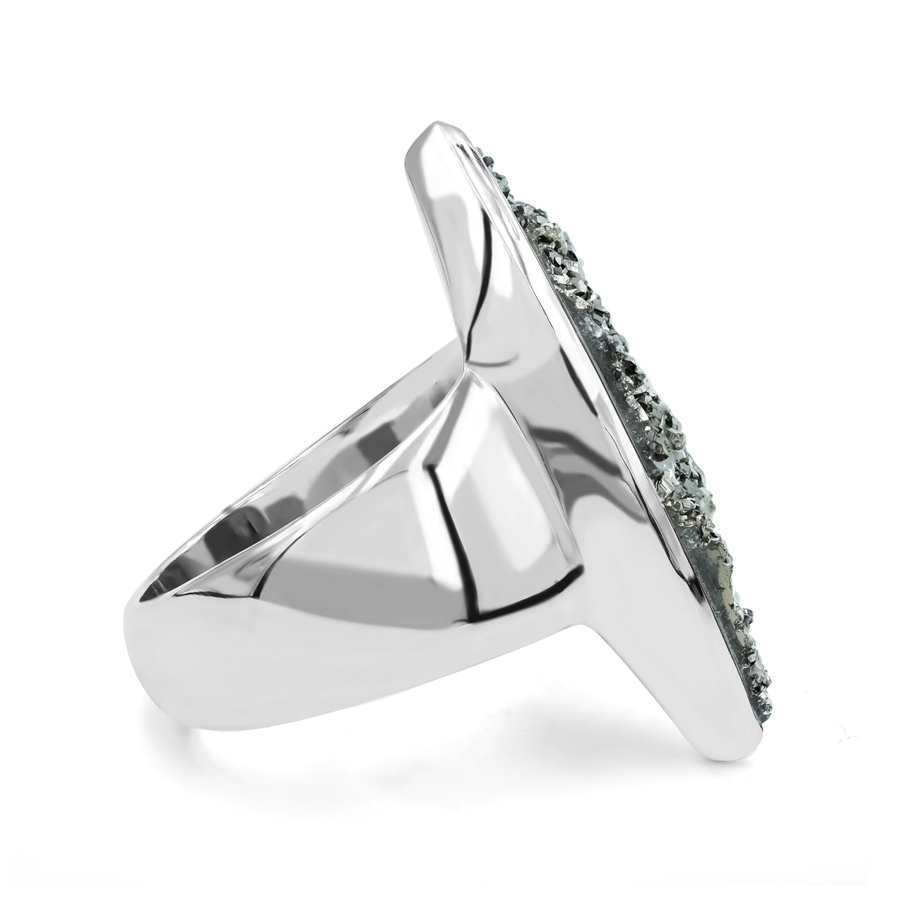 Moon Silver Quartz Drusy Marquise Ring