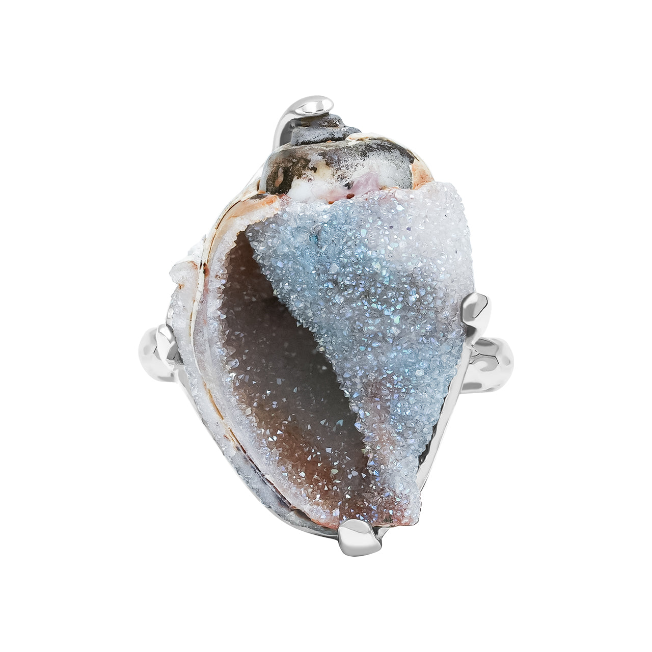 Drusy Fossilized Shell Prong Set Ring