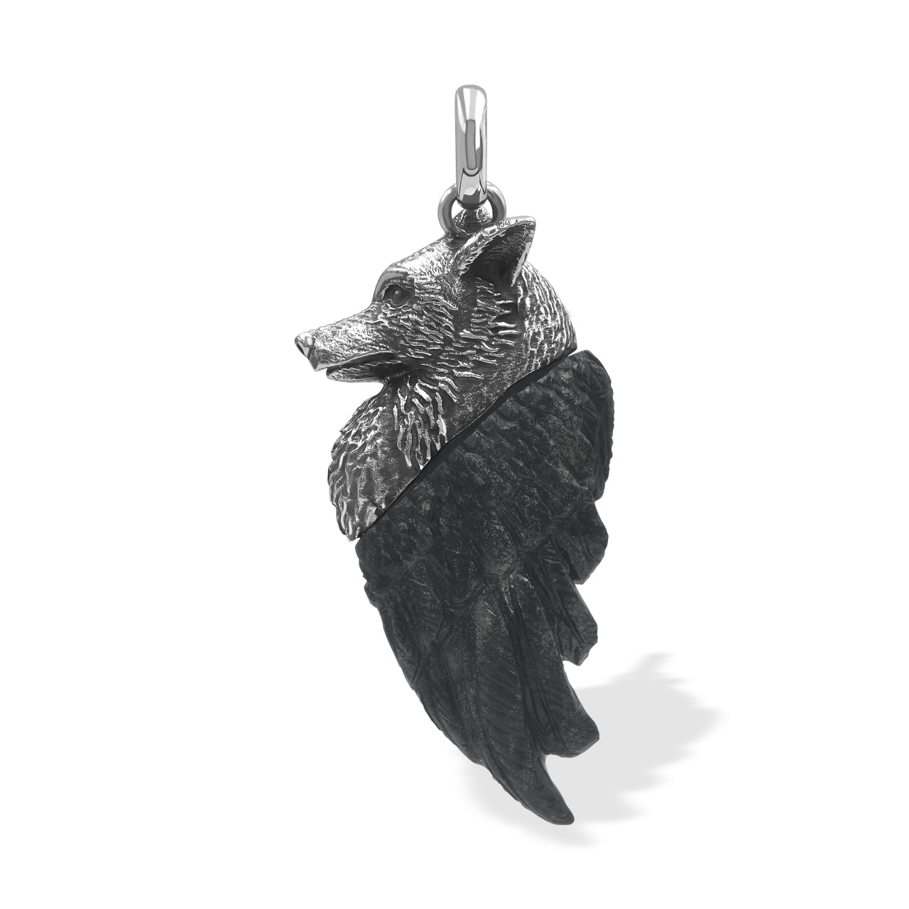 Carved Fossil Palm Wood Winged Wolf Style Pendant