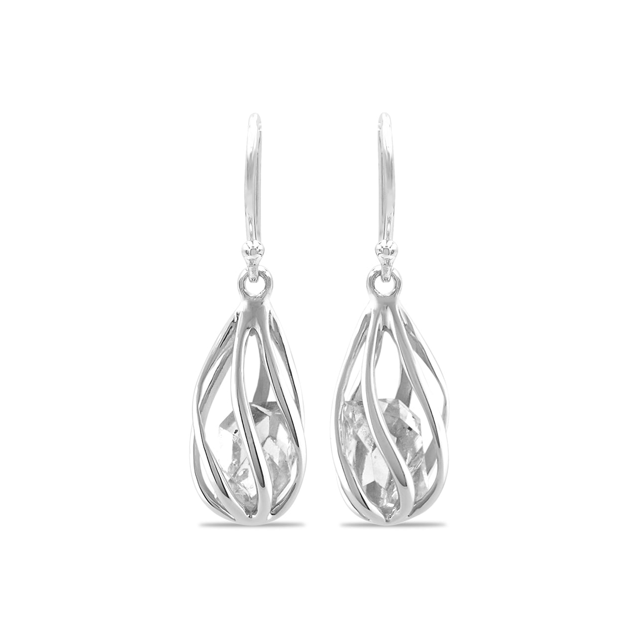 Herkimer diamond Caged Spiral Drop Earrings in Sterling Silver