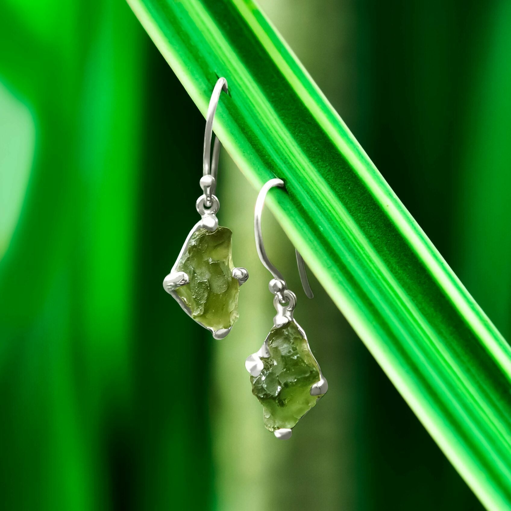 Genuine Rough Moldavite Prongs Set Earrings