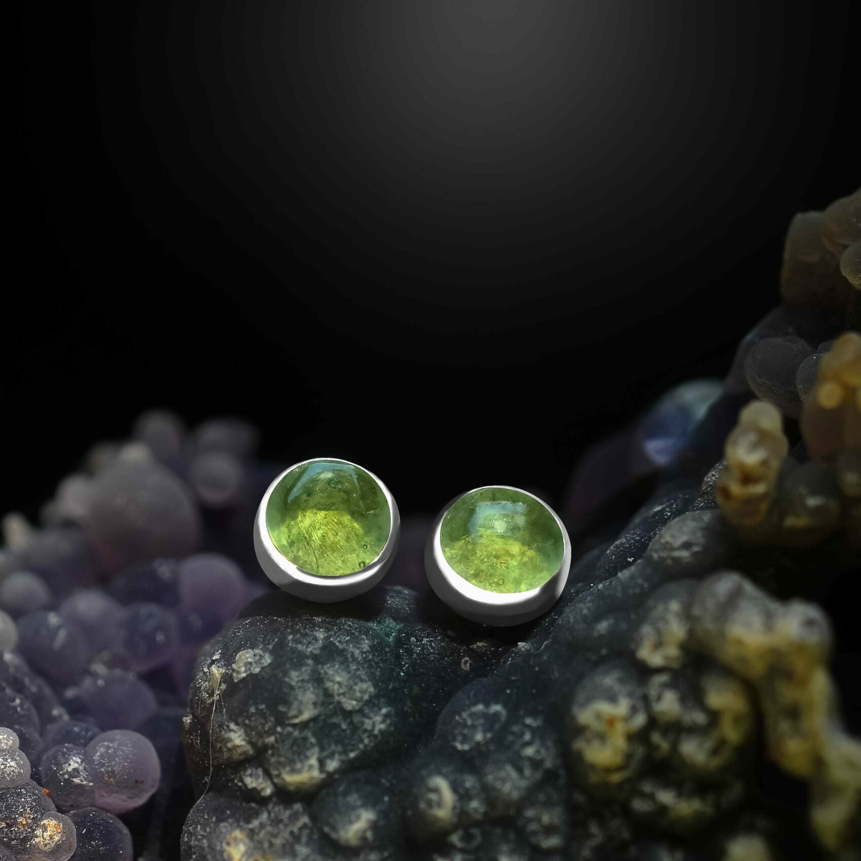 Moldavite Round Post Style Earrings