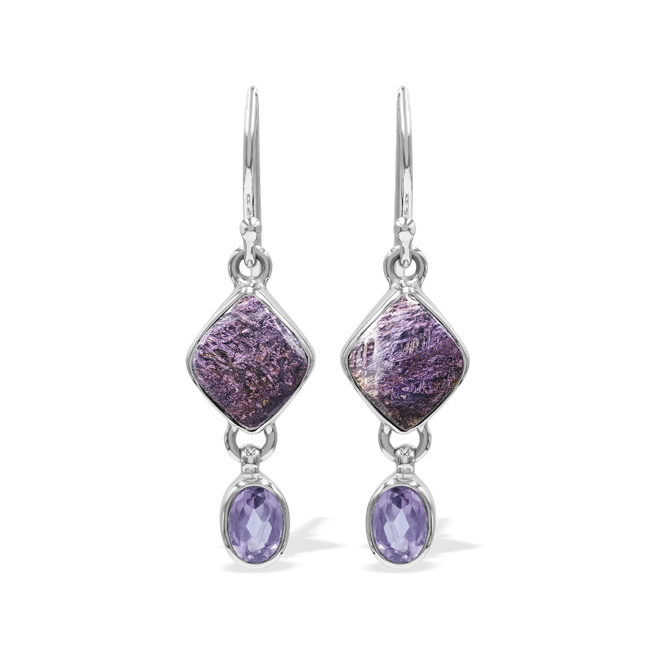 Purpurite and Amethyst Dangle Earrings in Sterling Silver