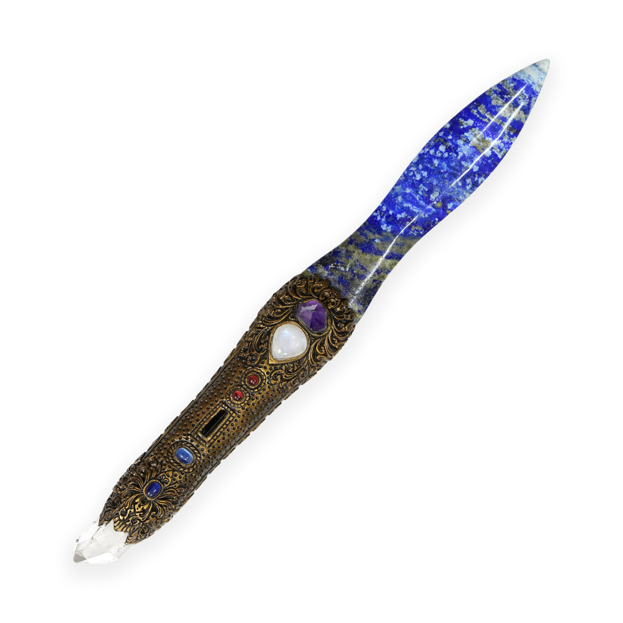 Magic wand Lapis Lazuli with carved clay handle 32 cm