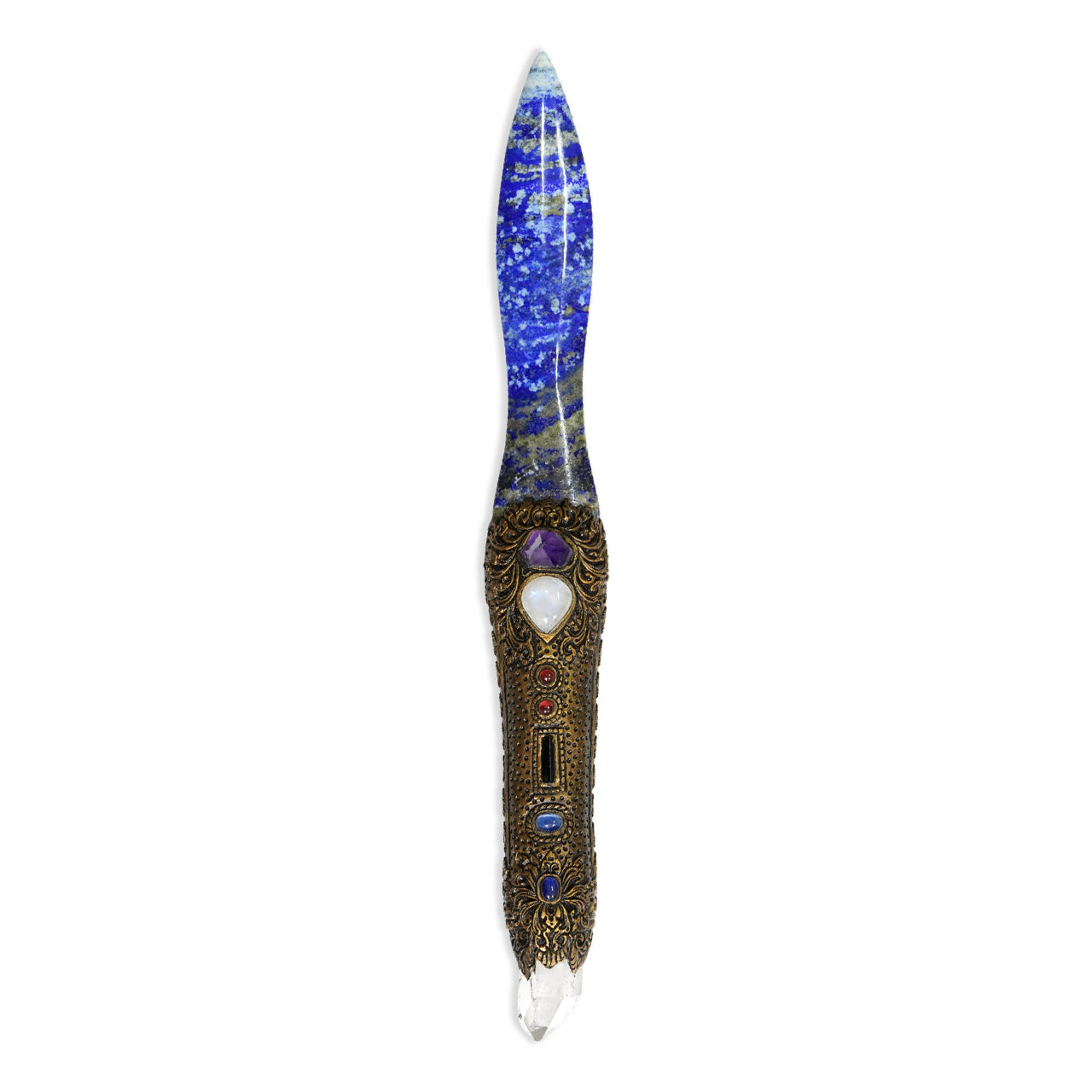 Magic wand Lapis Lazuli with carved clay handle 32 cm