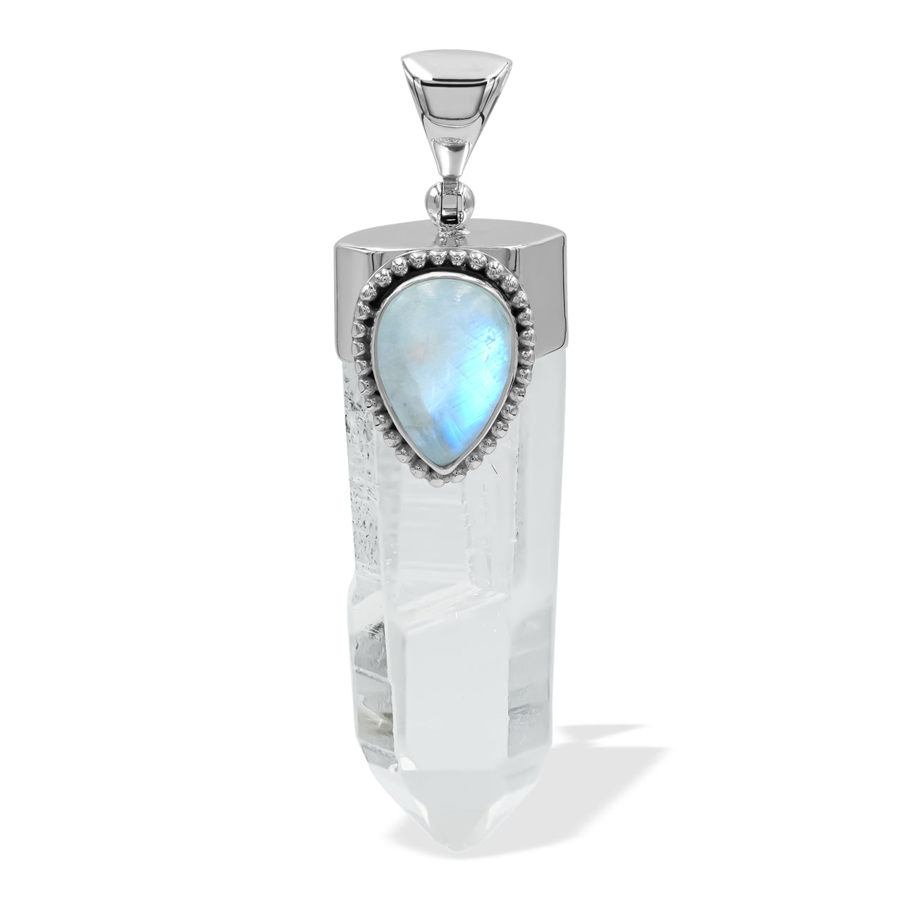 Rainbow Moonstone &amp; Quartz Crystal Pendant