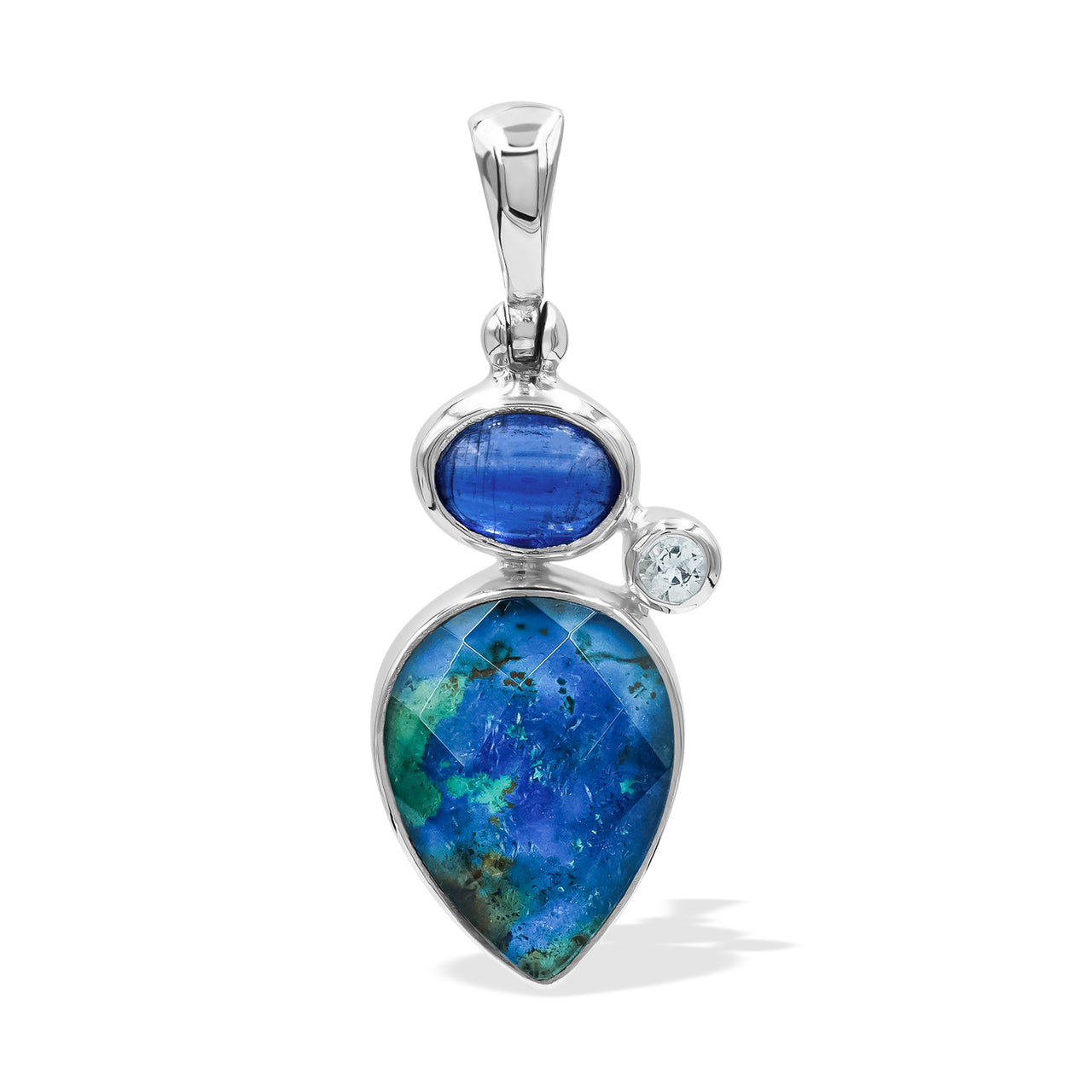 Kyanite, White Topaz, and Faceted Azurite Malachite Pendant