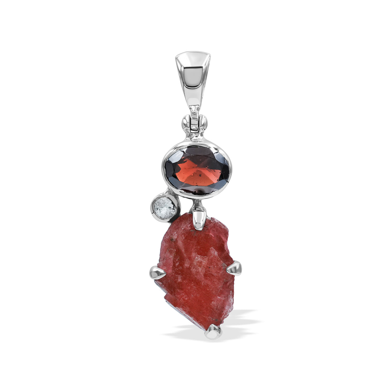 Garnet, White Topaz, and Rhodonite Rough Pendant