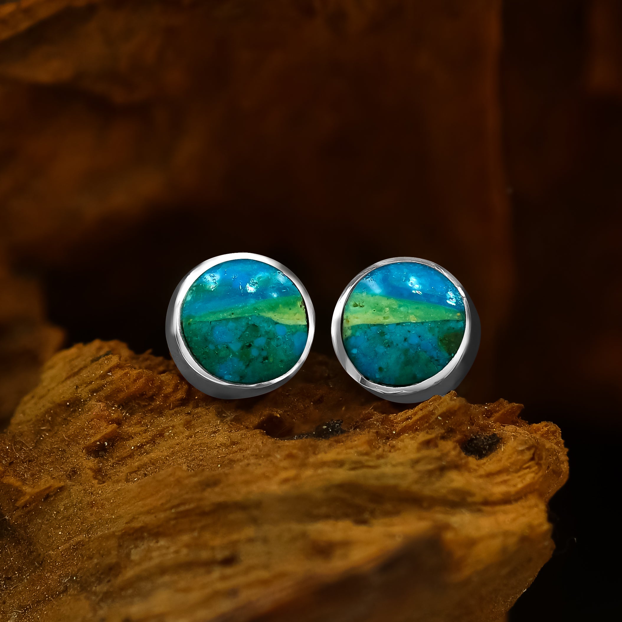 Round Peruvian Blue Opal Post Style Earrings