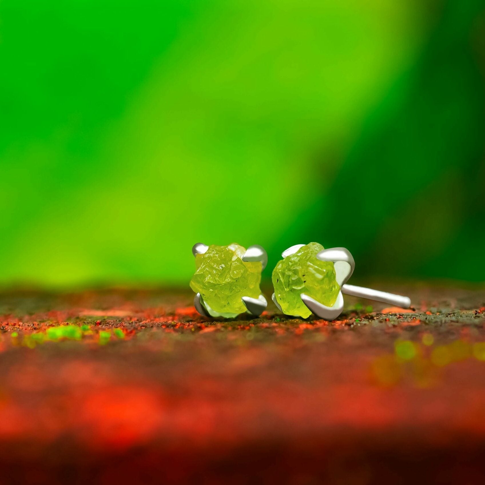 Genuine Rough Peridot Post Style Earrings