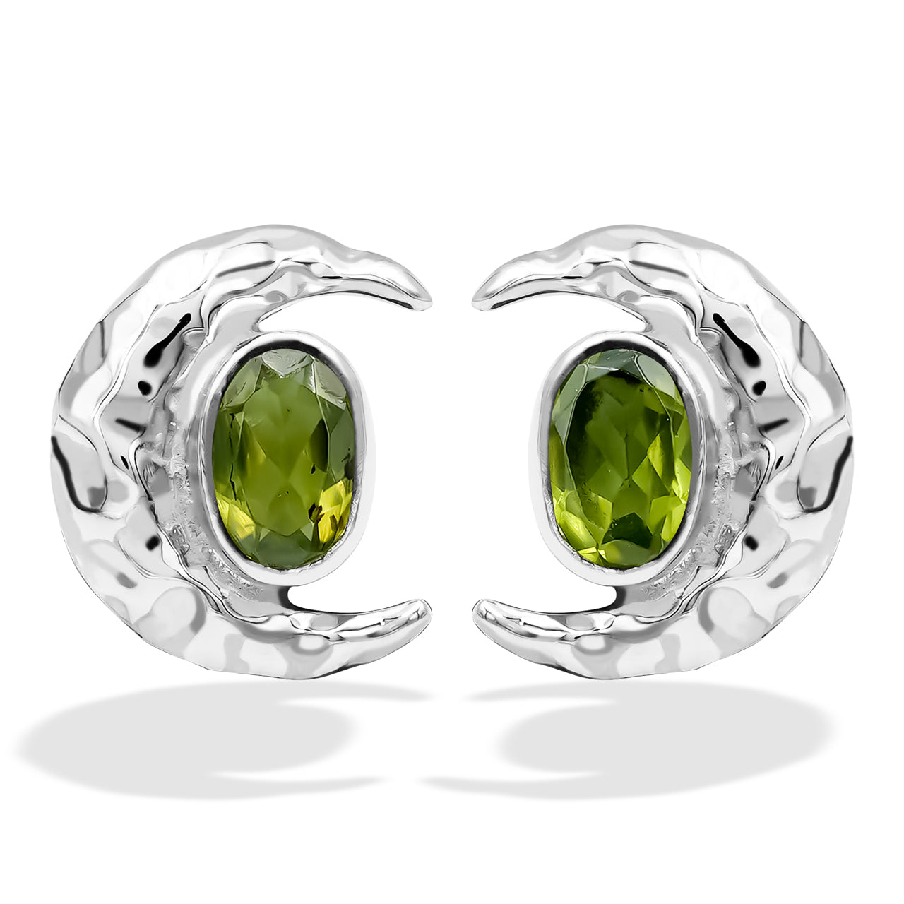 Peridot 6mm oval faceted post style ring with hammered crescent moon accent.