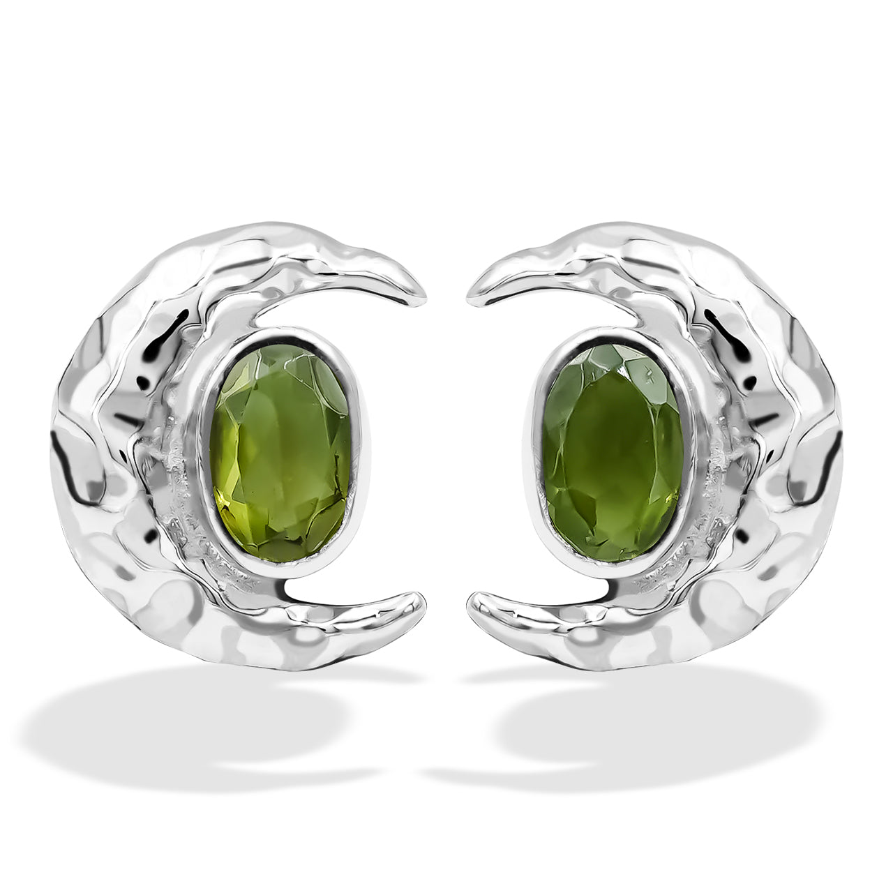 Peridot 6mm oval faceted post style ring with hammered crescent moon accent.