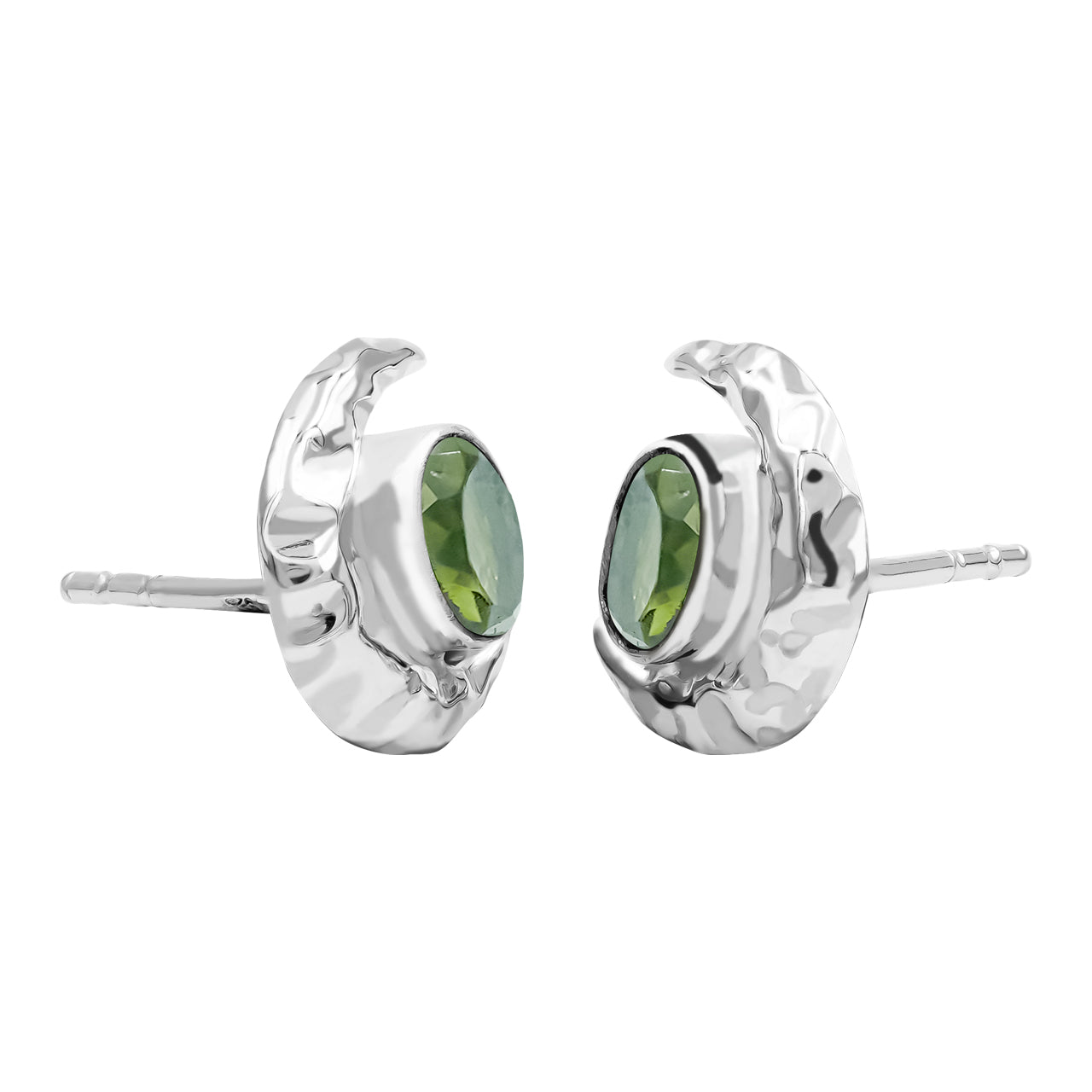 Peridot 6mm oval faceted post style ring with hammered crescent moon accent.