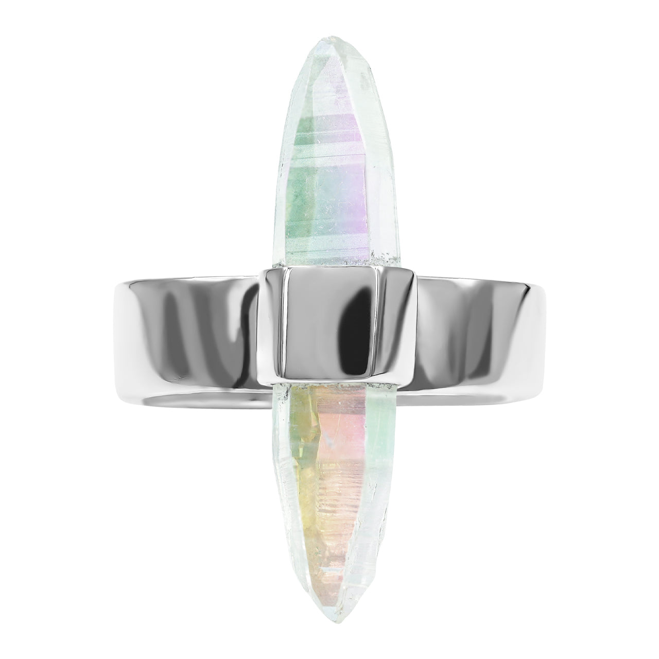 25-27 mm Angel Aura Quartz Crystal with silver band ring