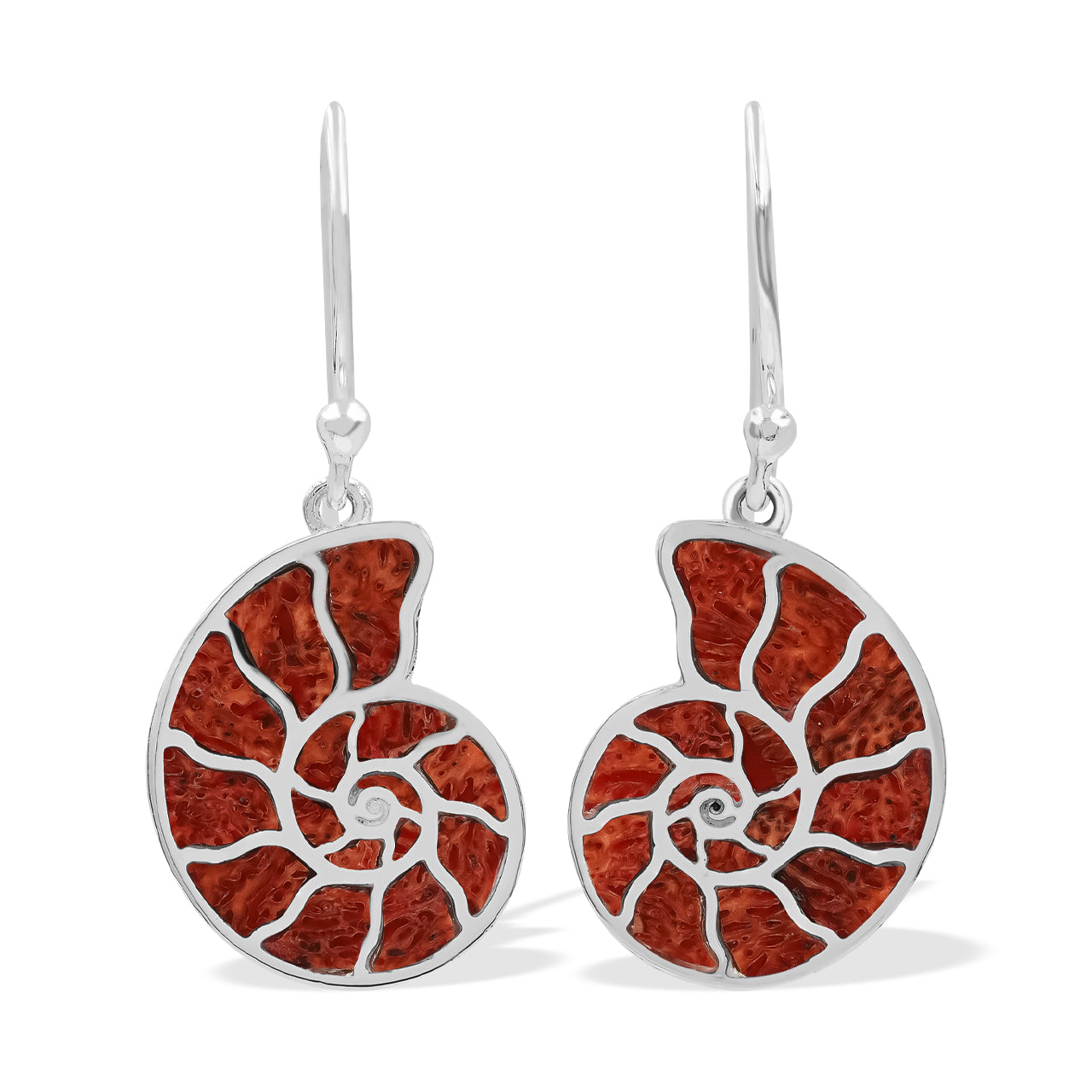 Red Coral Cast Ammonite Earrings