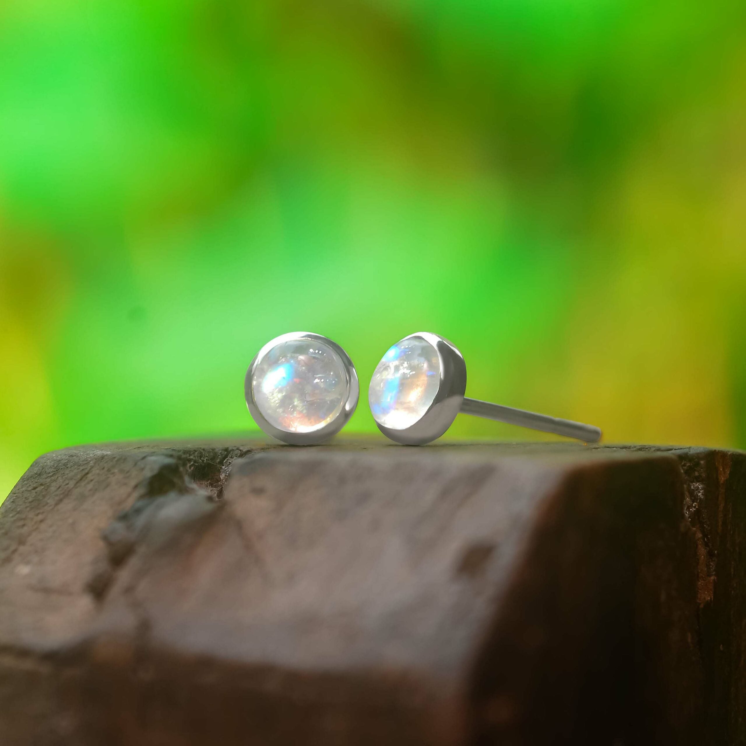 Round Rainbow Moonstone Post Style Earrings