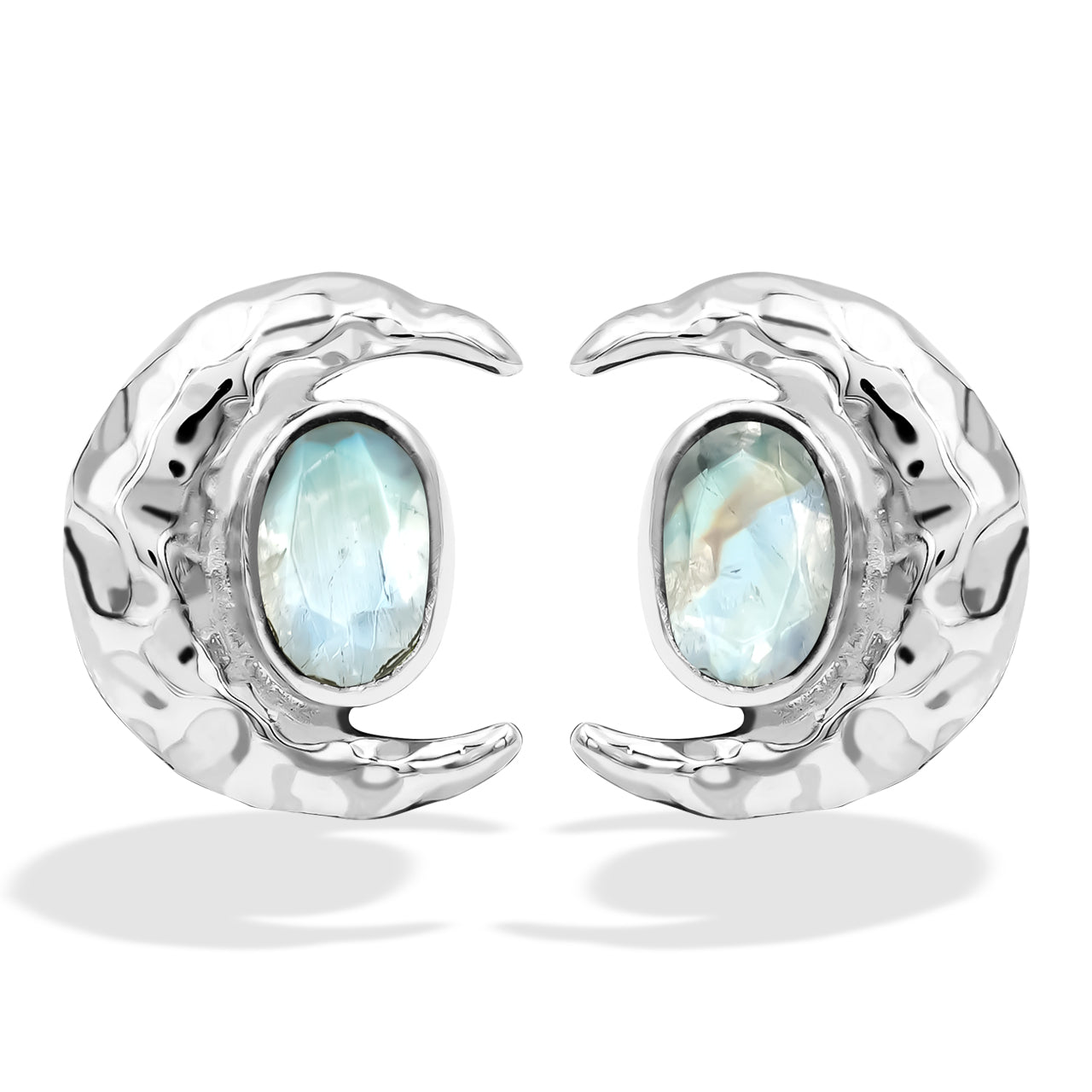 Rainbow Moonstone 6mm oval faceted post style ring with hammered crescent moon accent.