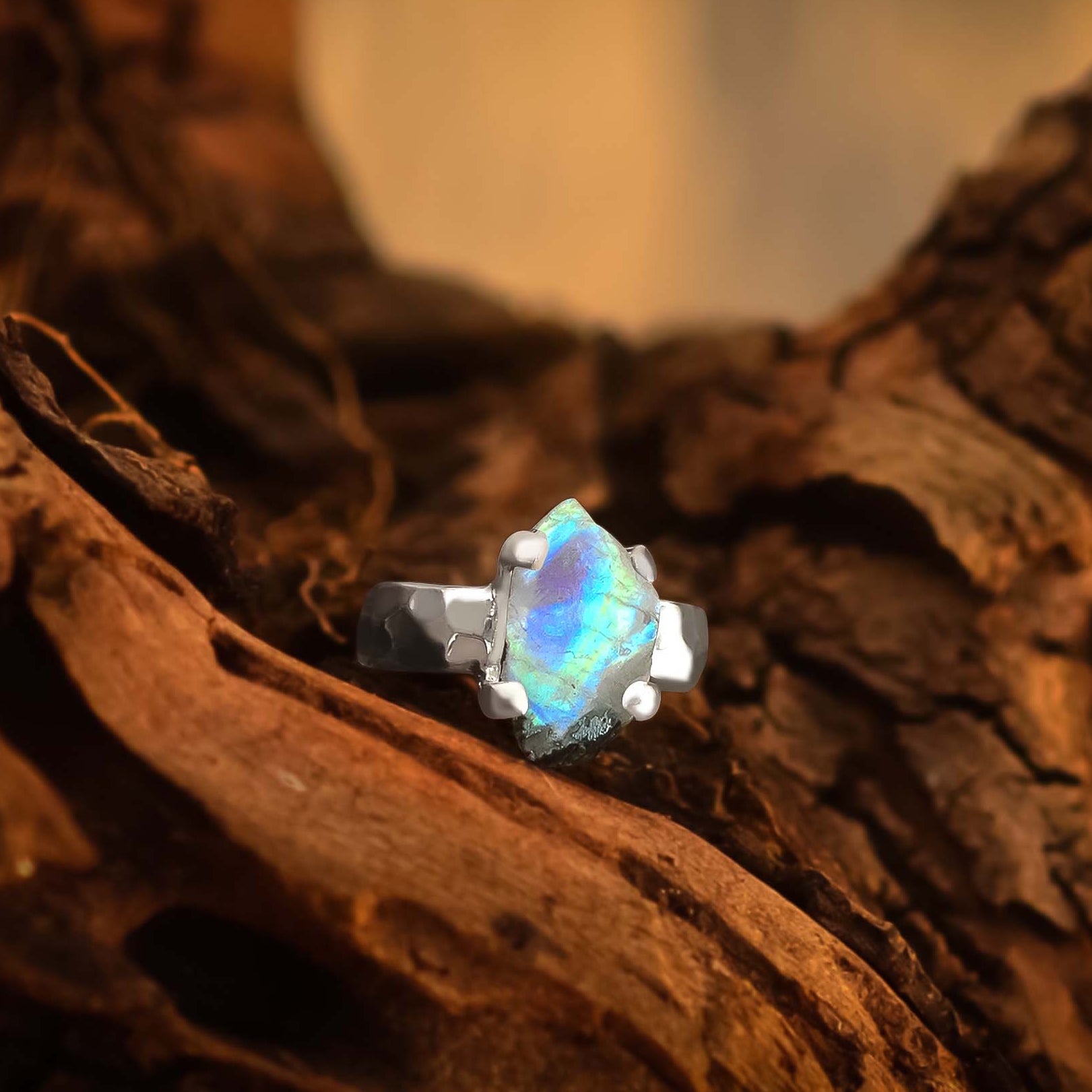 Rainbow Moonstone Slice Ring