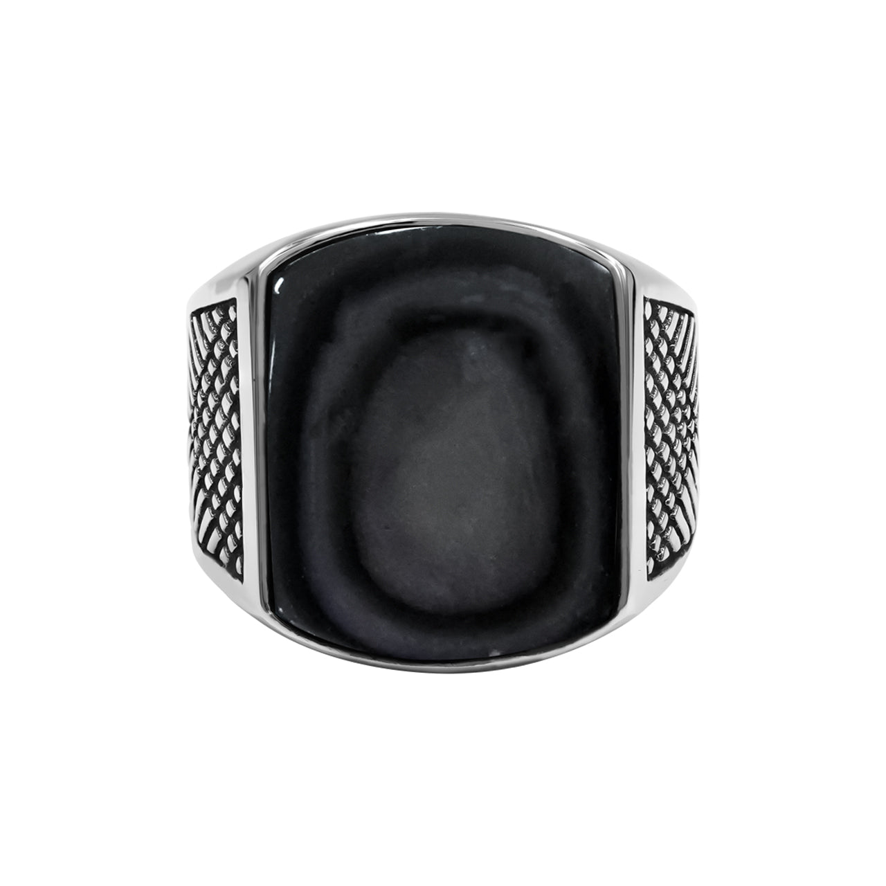 Rainbow Obsidian15x20mm Cushion Shape Ring with geometric pattern on the shank