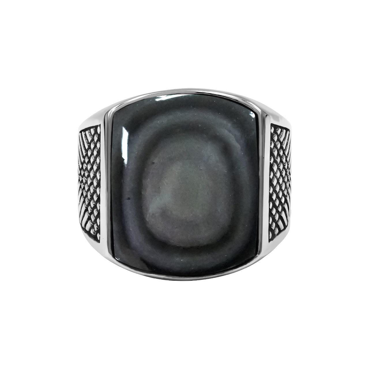 Rainbow Obsidian15x20mm Cushion Shape Ring with geometric pattern on the shank