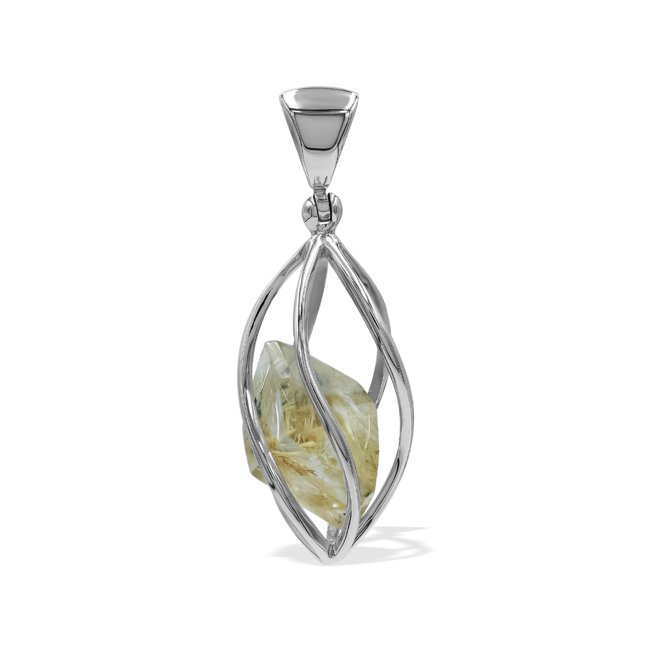 Rutilated Quartz Spiral Cage Pendant in Sterling Silver