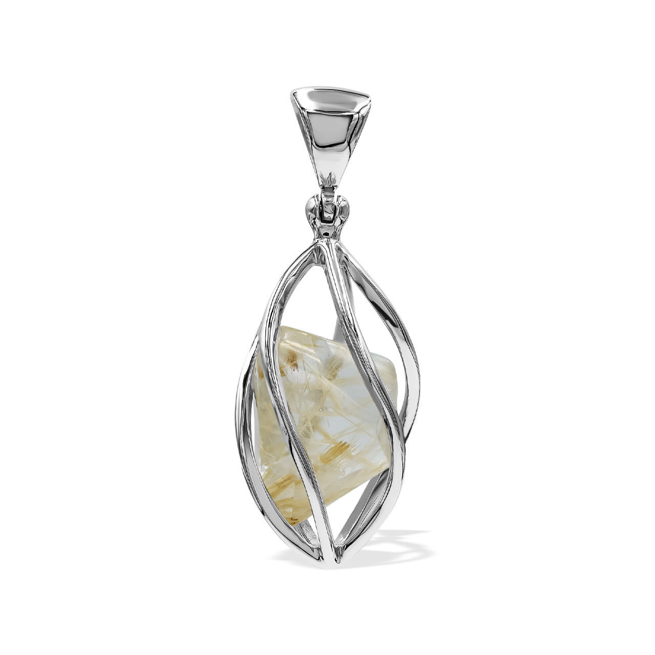 Rutilated Quartz Spiral Cage Pendant in Sterling Silver