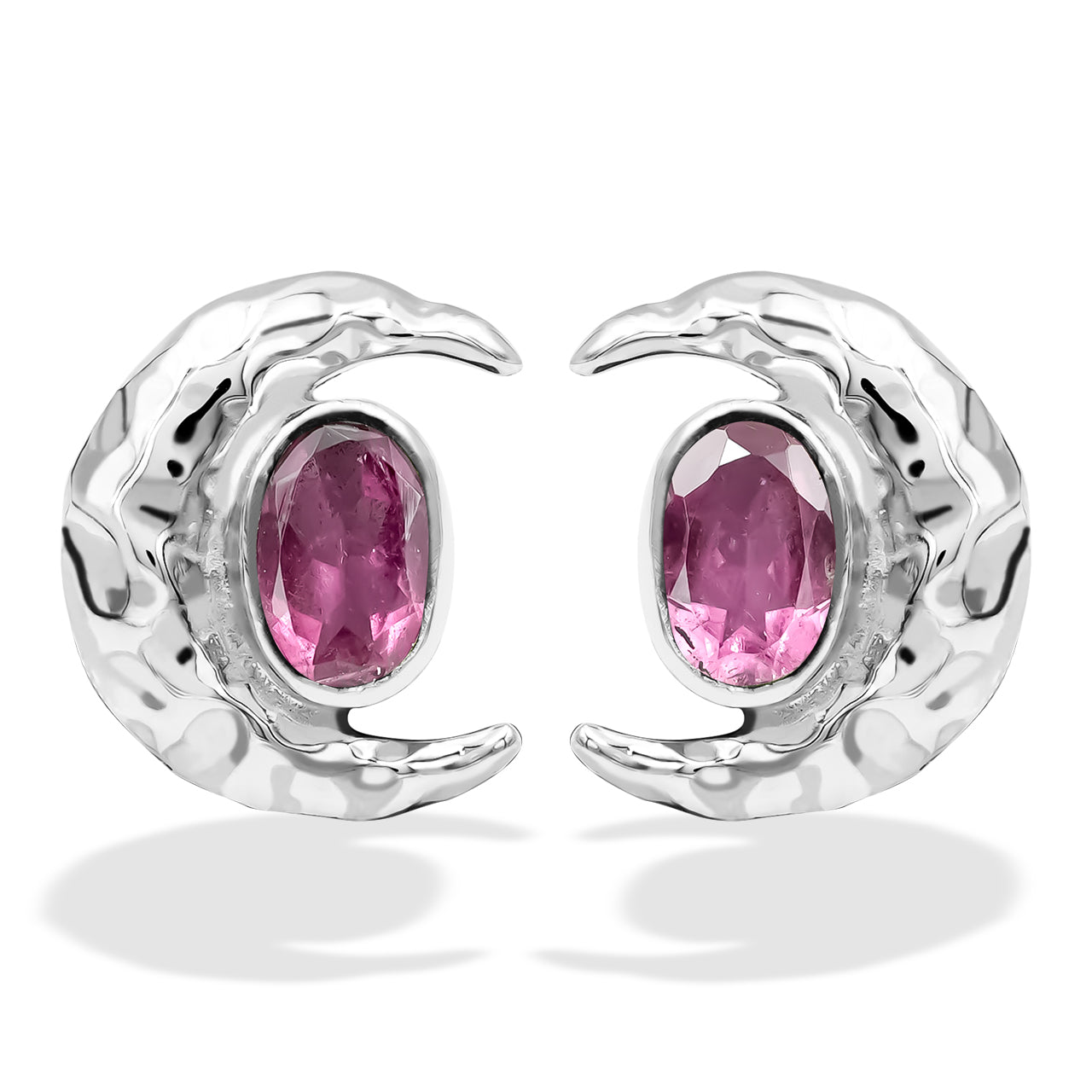 Pink Tourmaline 6mm oval faceted post style ring with hammered crescent moon accent.