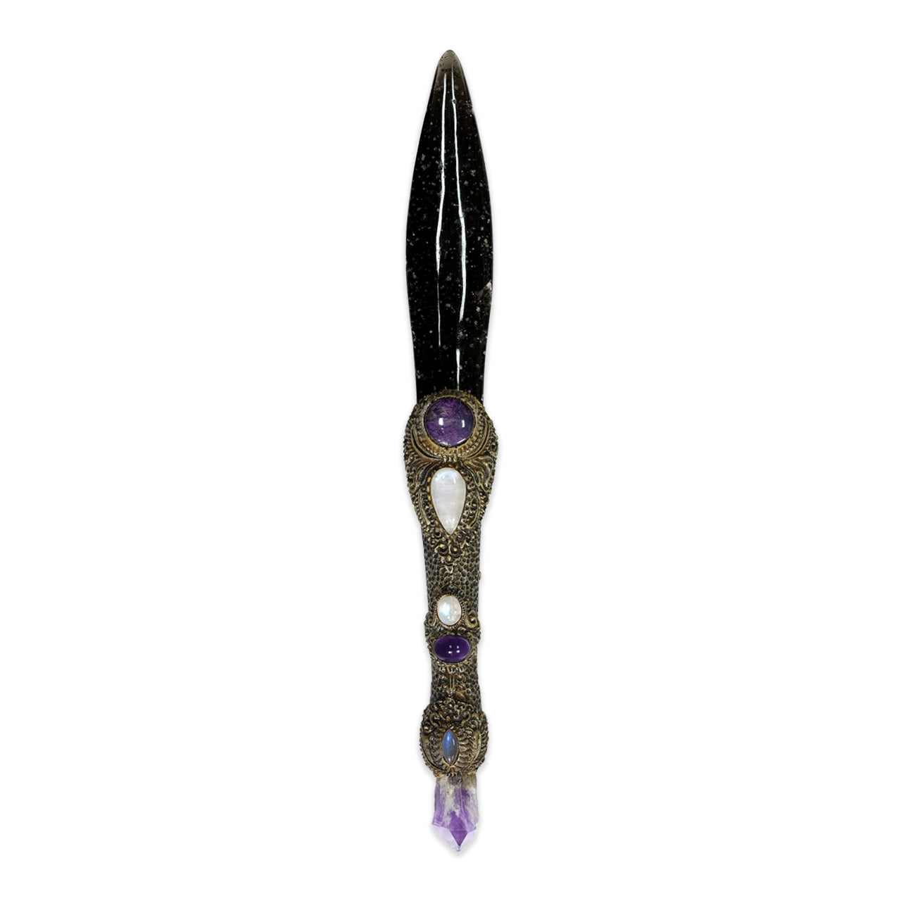 The carved dagger with Galaxy Obsidian &amp; Amethyst Crystal 12" long.