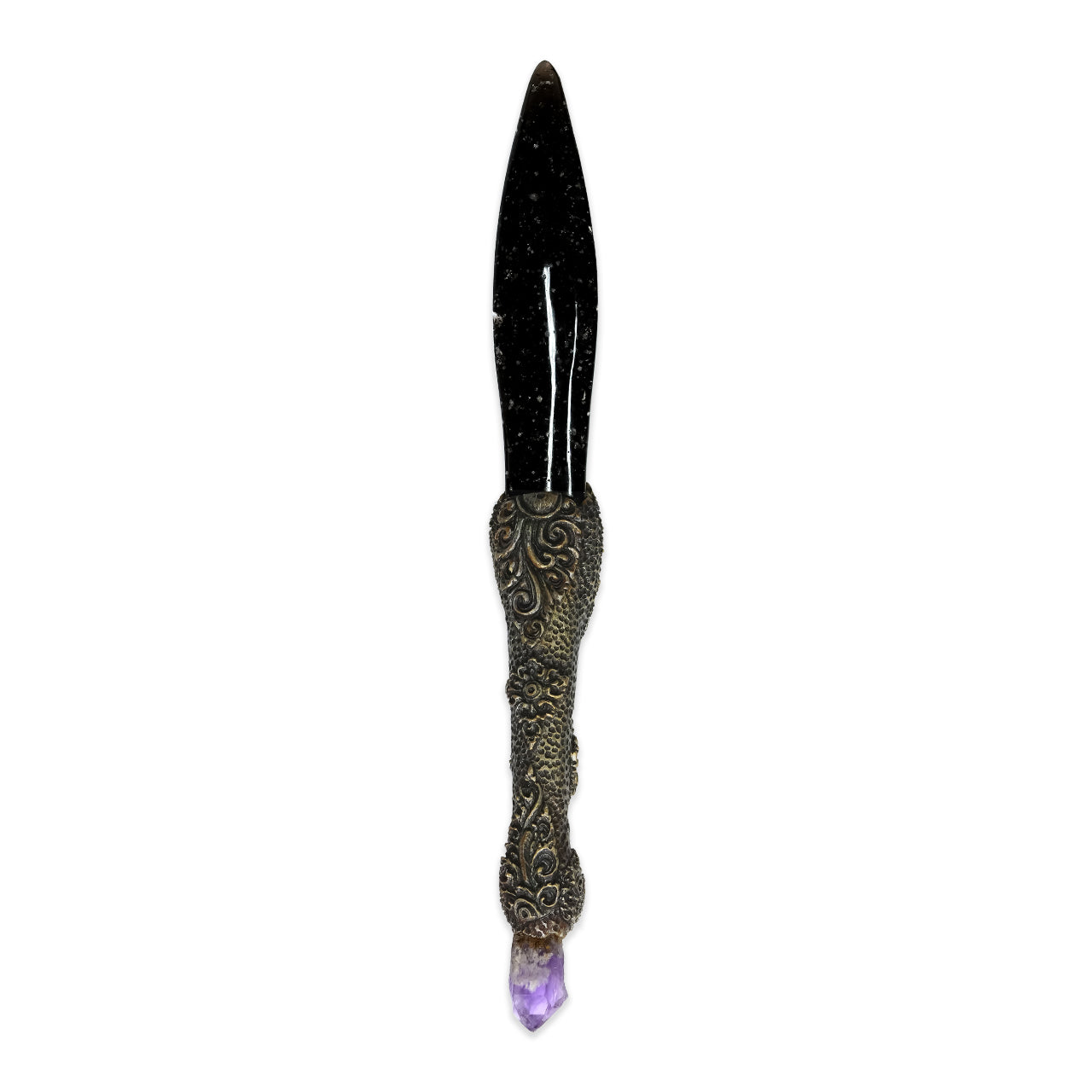 The carved dagger with Galaxy Obsidian &amp; Amethyst Crystal 12" long.