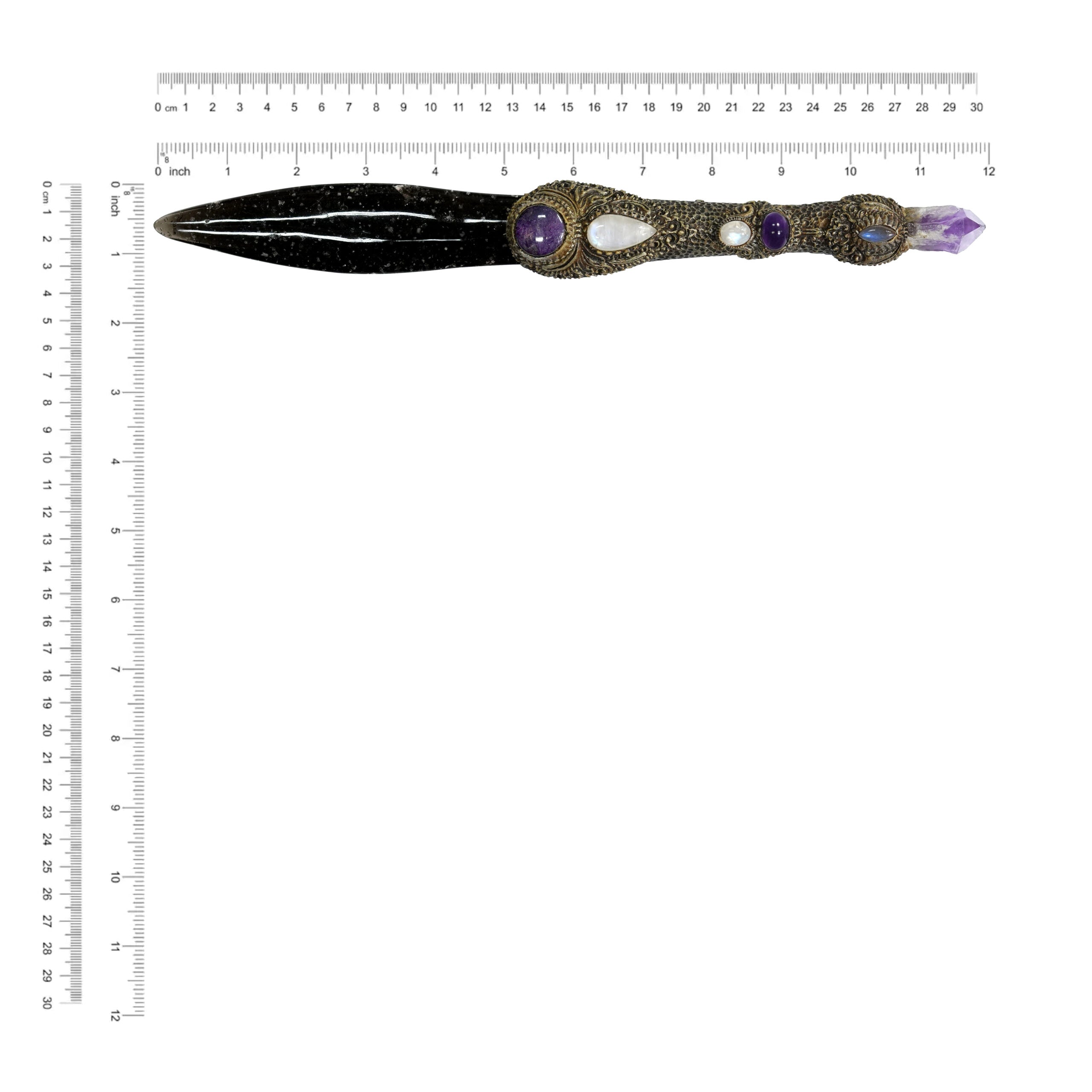 The carved dagger with Galaxy Obsidian &amp; Amethyst Crystal 12" long.