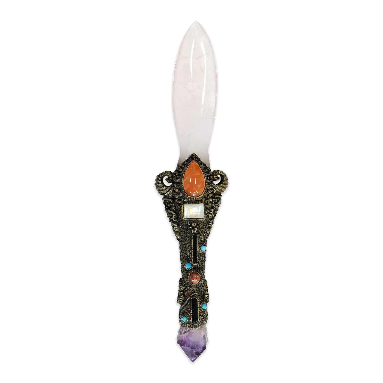 The carved dagger with Rose Quartz &amp; Amethyst Crystal 9.5" long.