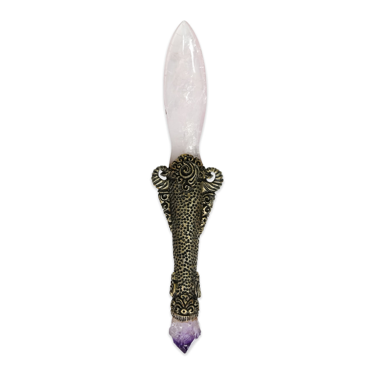 The carved dagger with Rose Quartz &amp; Amethyst Crystal 9.5" long.