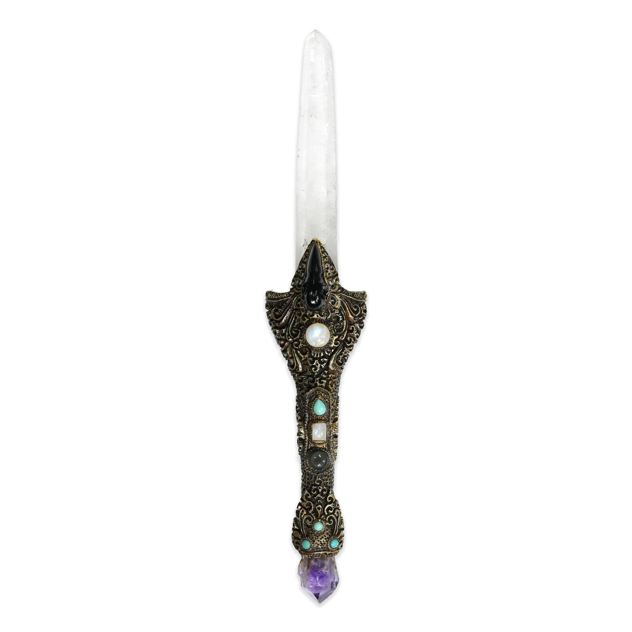 The wand with laser Quartz Crystal &amp; carved Raven Skull Tektite 14" length.