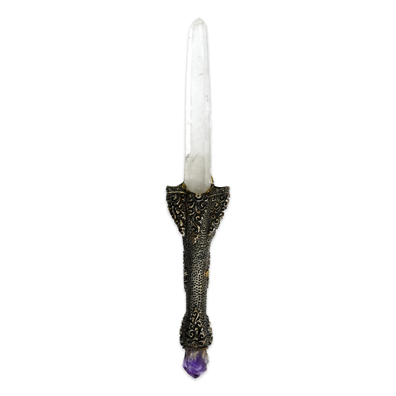 The wand with laser Quartz Crystal &amp; carved Raven Skull Tektite 14" length.